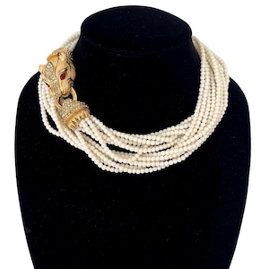 Vintage Signed CINER Gold Tone Cream Enamel PANTHER HEAD Seven Strand Beaded Torsade Necklace