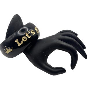 Vintage Black Acrylic "Let's Get This Party Started" Bangle Bracelet with Off White Letters *Super Chunky*