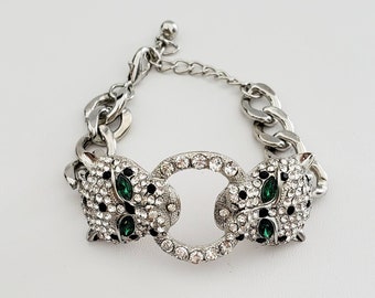 Vintage DOUBLE PANTHER Leopard Head Silver Tone Green Eyes Chain Bracelet