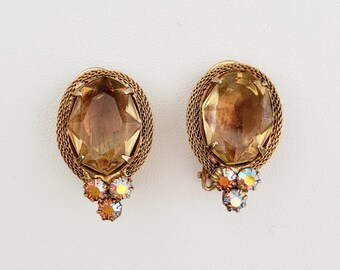 Vintage FAUX CITRINE and Aurora Borealis Mesh Border Gold Tone Clip Earrings