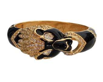 Vintage Signed GIORGIO Panther LION Black Enamel Rhinestone and Gold Tone Hinge Bracelet