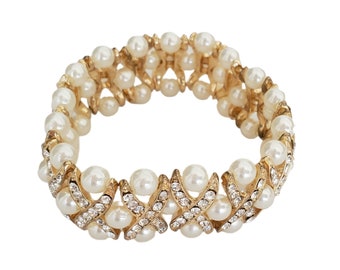 Vintage Three Strand Faux Pearl with Clear Rhinestones Gold Tone Stretch Bracelet