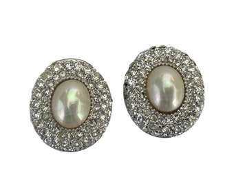 Vintage CHRISTIAN DIOR Pearl Cabochon and Crystal Silver Tone Clip On Earrings