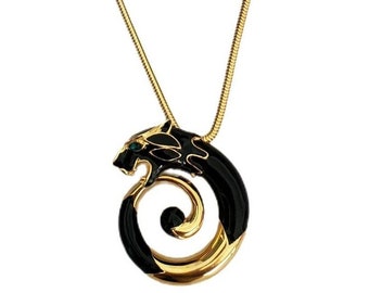 Vintage Black Enamel PANTHER Big Cat Jaguar Pendant Gold Tone Statement Necklace *RARE*