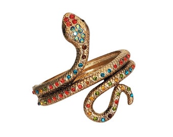 Bejeweled SNAKE CUFF Gold Tone with Multi-Colored Rhinestone Bracelet *Super Glam*