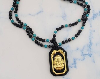 Vintage Buddha Pendant Necklace: Faux Turquoise & Black Beads, Artisan Design