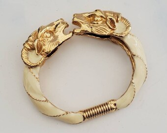 Vintage DONALD STANNARD Double RAMS Head Cream and Gold Tone Hinge Statement Cuff Bracelet