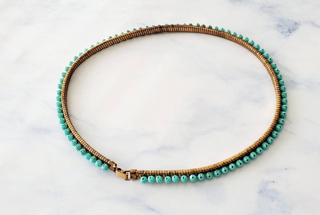 Vintage OMEGA Chain Faux turquoise Gold Tone Beaded Necklace or Belt Gold Tone Omega Chain Necklace, Faux Pearl & Turquoise  main image 3