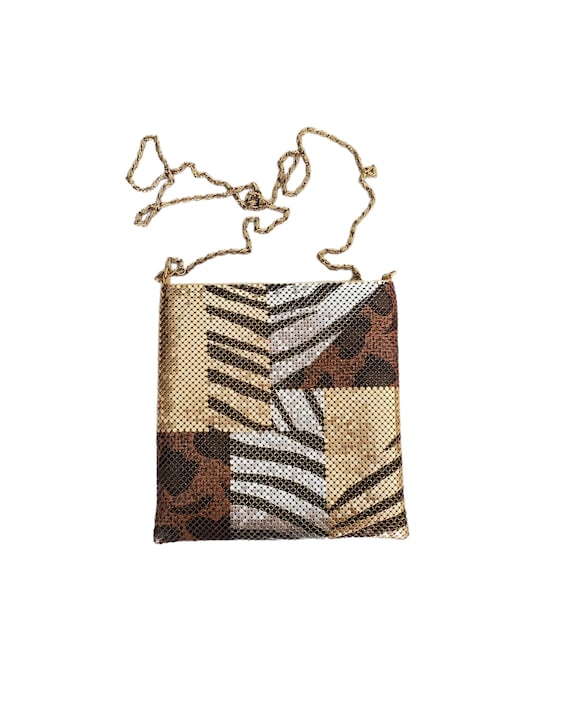 Vintage Another Y&S ORIGINAL Metal Mesh ANIMAL PRINT Crossbody Lion Zebra  Gold Tone Handbag