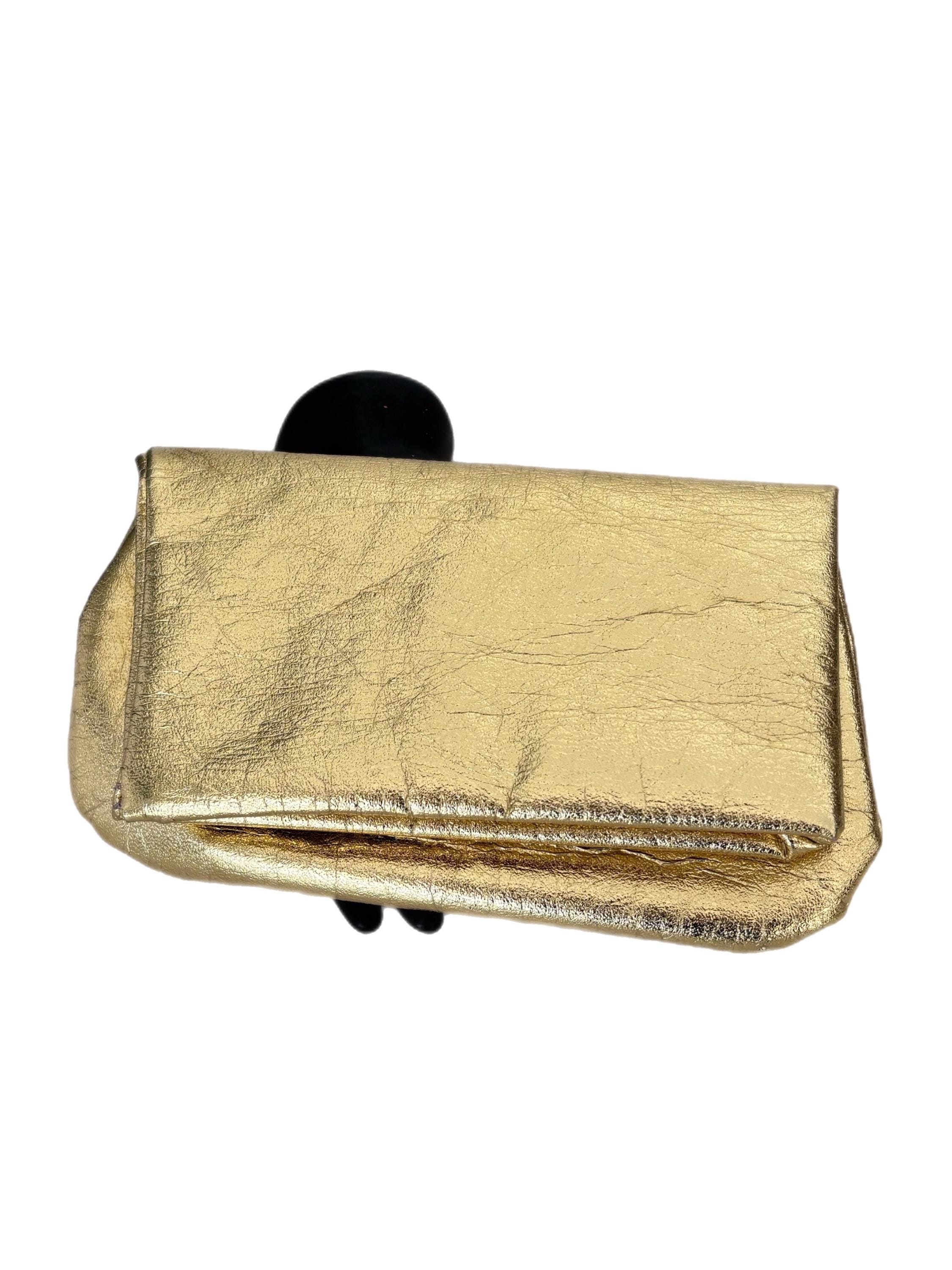 Vintage 1960's Gold Lame Fold Over Evening Clutch With Attached
