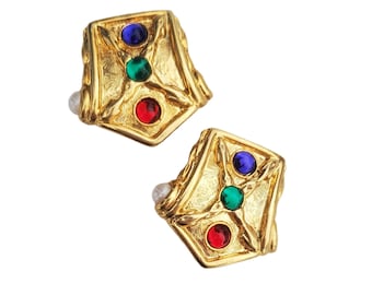 Vintage 1990's Gold Tone with Colorful Faux Gripoix Stones and Faux Pearl Clip Earrings