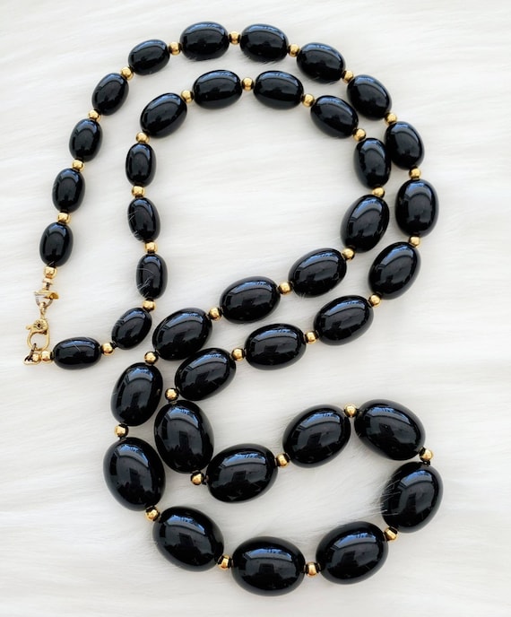 Vintage MONET Black Beaded and Gold Tone Necklace *CLASSIC