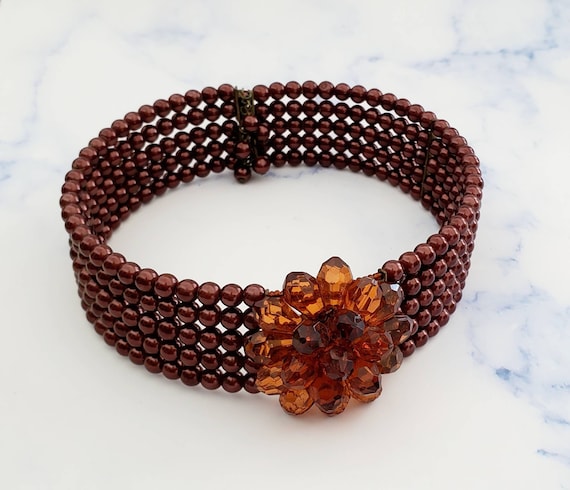 Vintage BOHO Dark Red Brown 5 Strand Beaded Flowe… - image 1