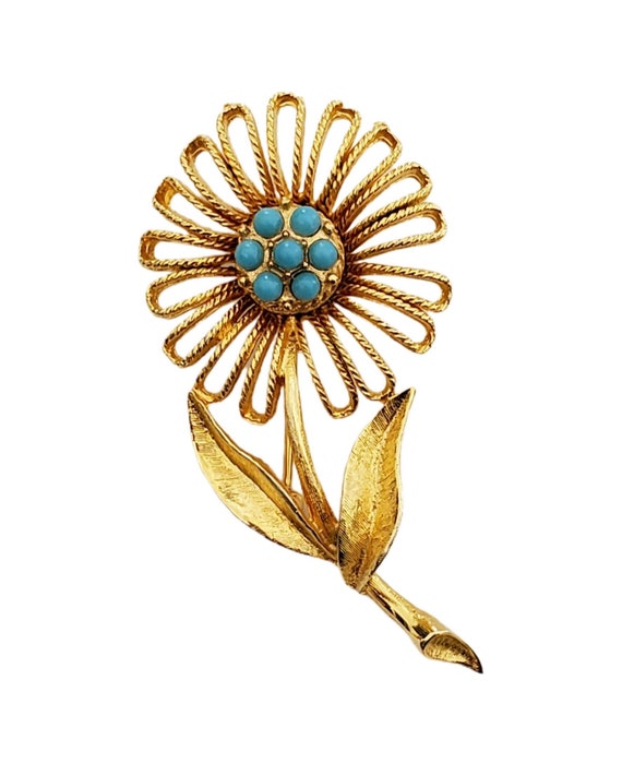 Vintage BEAU JEWELS Flower Brooch Gold Tone with … - image 2