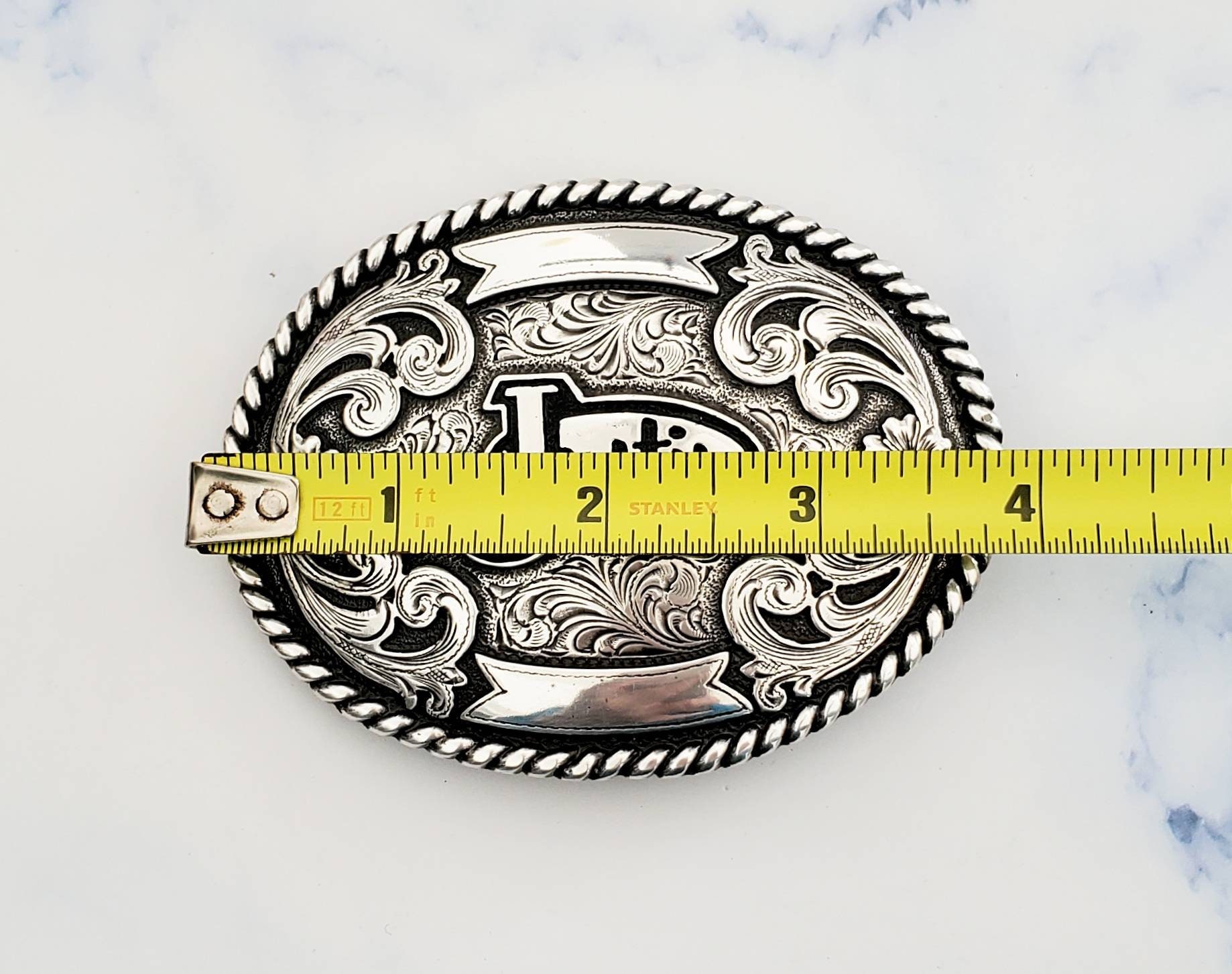 Vintage JUSTIN Brand Silver Tone COWBOY Western Rodeo Floral 