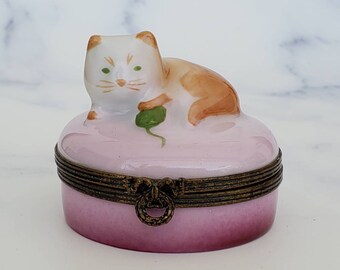 Vintage Orange KITTY CAT With Yarn Pink Trinket Box Castel LIMOGES