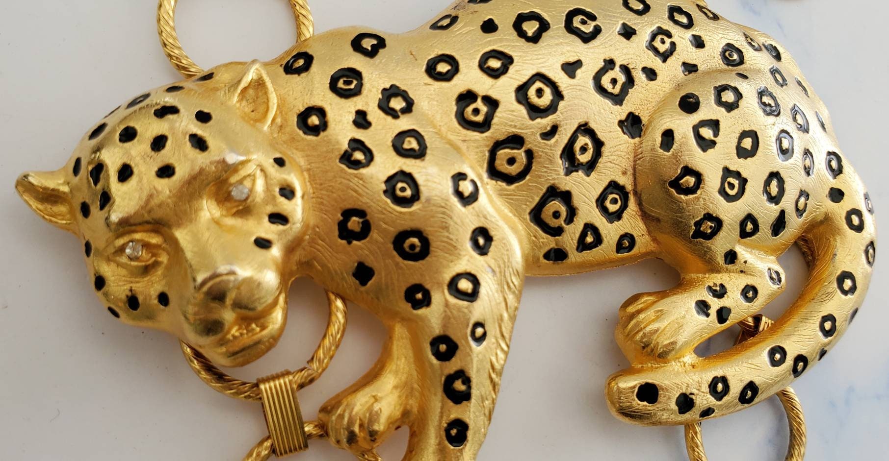 Vintage LEOPARD Big Cat Pendant Gold Tone Double Chain Runway