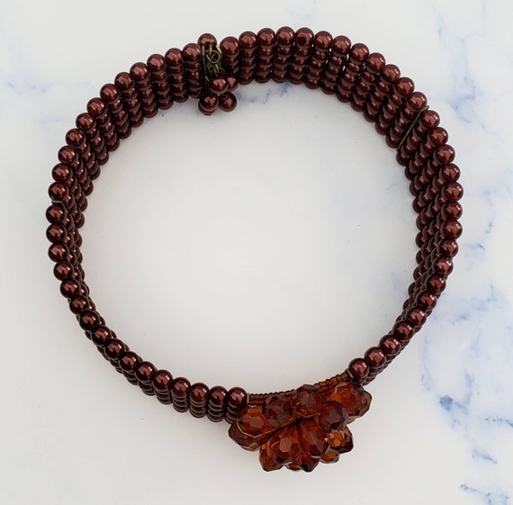 Vintage BOHO Dark Red Brown 5 Strand Beaded Flowe… - image 9