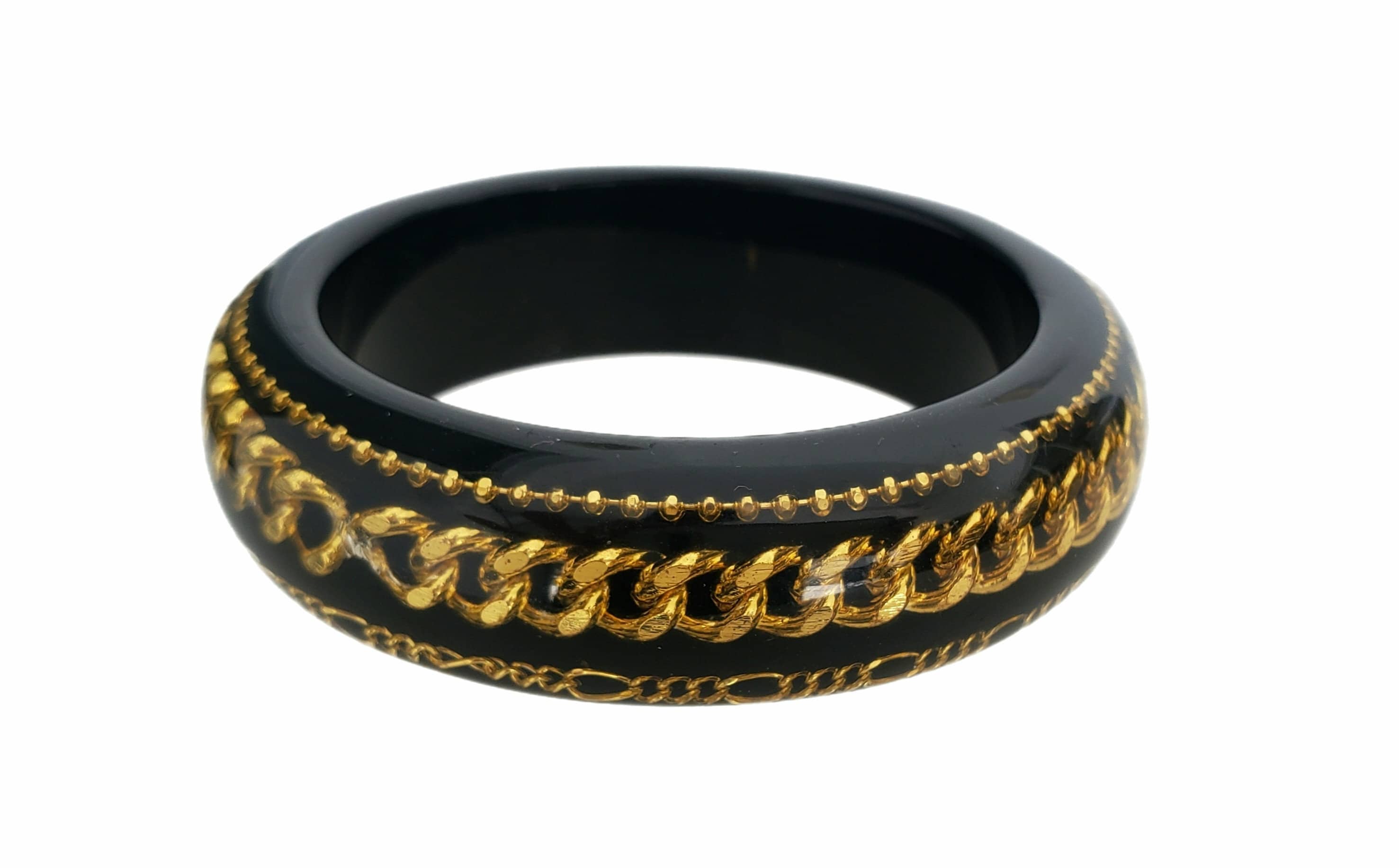 Vintage 90's Black LUCITE Bangle Bracelet With Gold Tone Triple