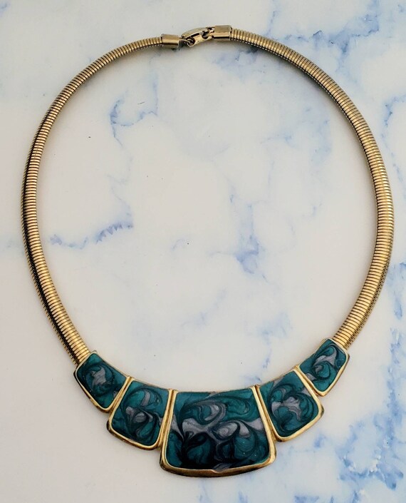 Vintage 1980's Teal and Blue Enamel Gold Tone Ome… - image 1