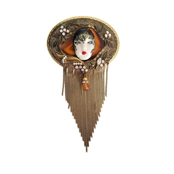 Vintage MARENA Hand Made Art Deco Style Women's FACE Chain Fringe BROOCH and Pendant *Rare*