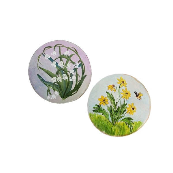 Pair of Artisan Hand Painted Flower and Bumble Bee Ceramic Brooches