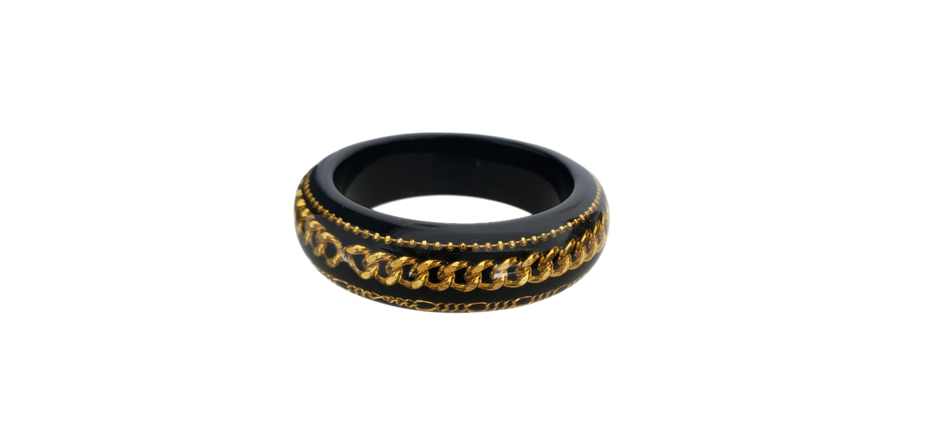 Vintage 90's Black LUCITE Bangle Bracelet With Gold Tone Triple