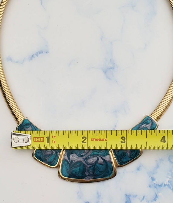 Vintage 1980's Teal and Blue Enamel Gold Tone Ome… - image 6