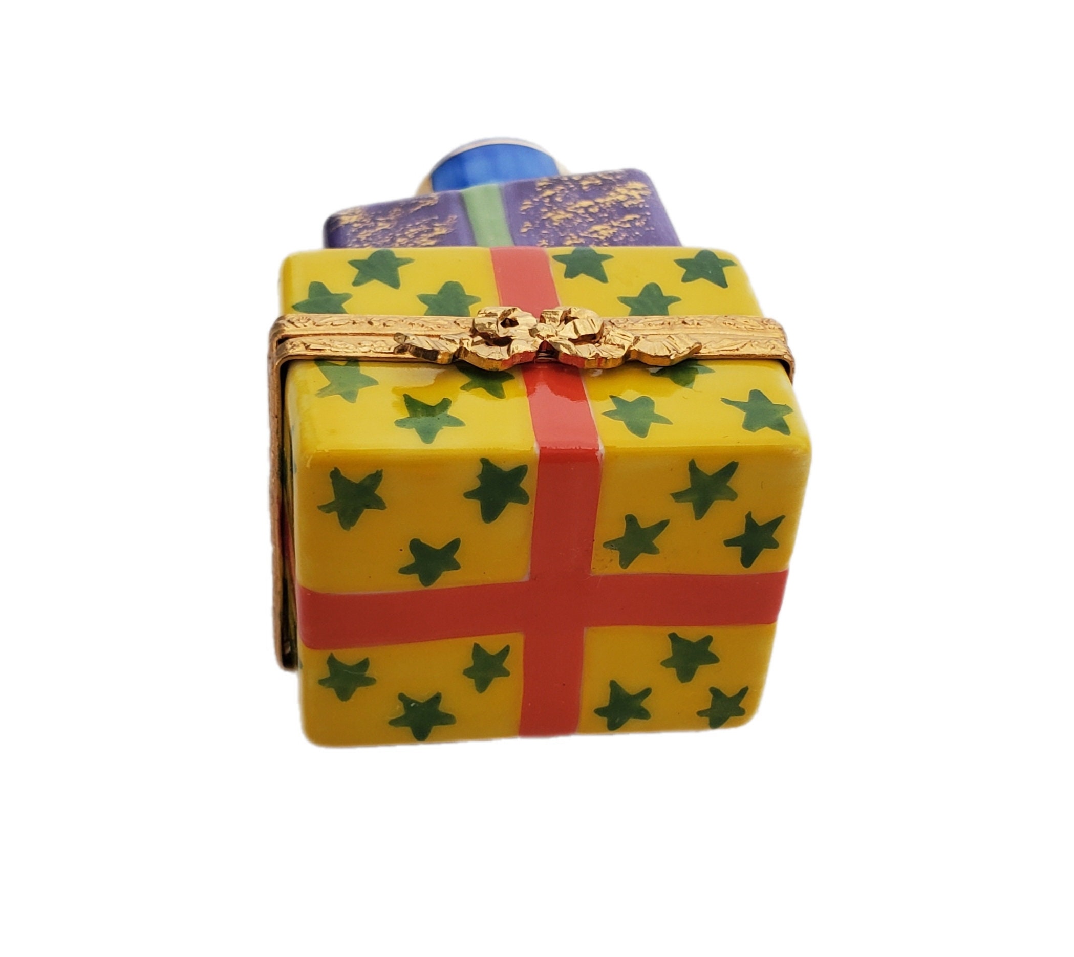Vintage LIMOGES Hand Painted Holiday Christmas Yellow Multi  Vtg Limoges France Handpainted Santa w/Gift Stack Trinket box 3” Rochard Signed main image 0