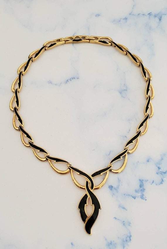 Vintage MONET Black Enamel and Gold Tone V Shaped… - image 3