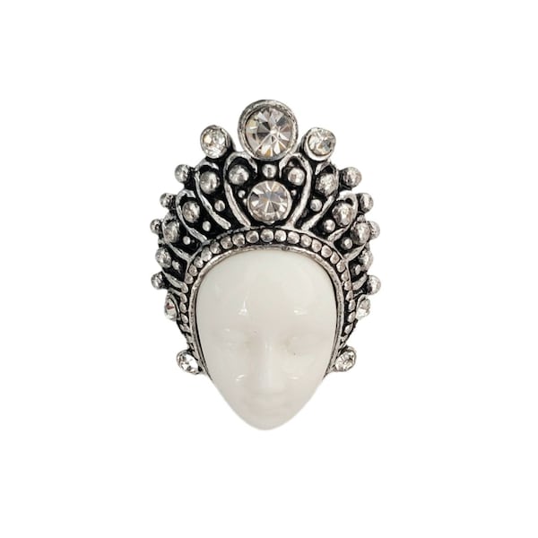 Bali Goddess White Resin Carved Woman's Face Clear Rhinestone Costume Ring