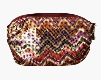 Vintage WHITING and DAVIS Red Purple Multi-Colored Enamel Chevron Gold Tone Mesh Handbag Clutch *RARE*