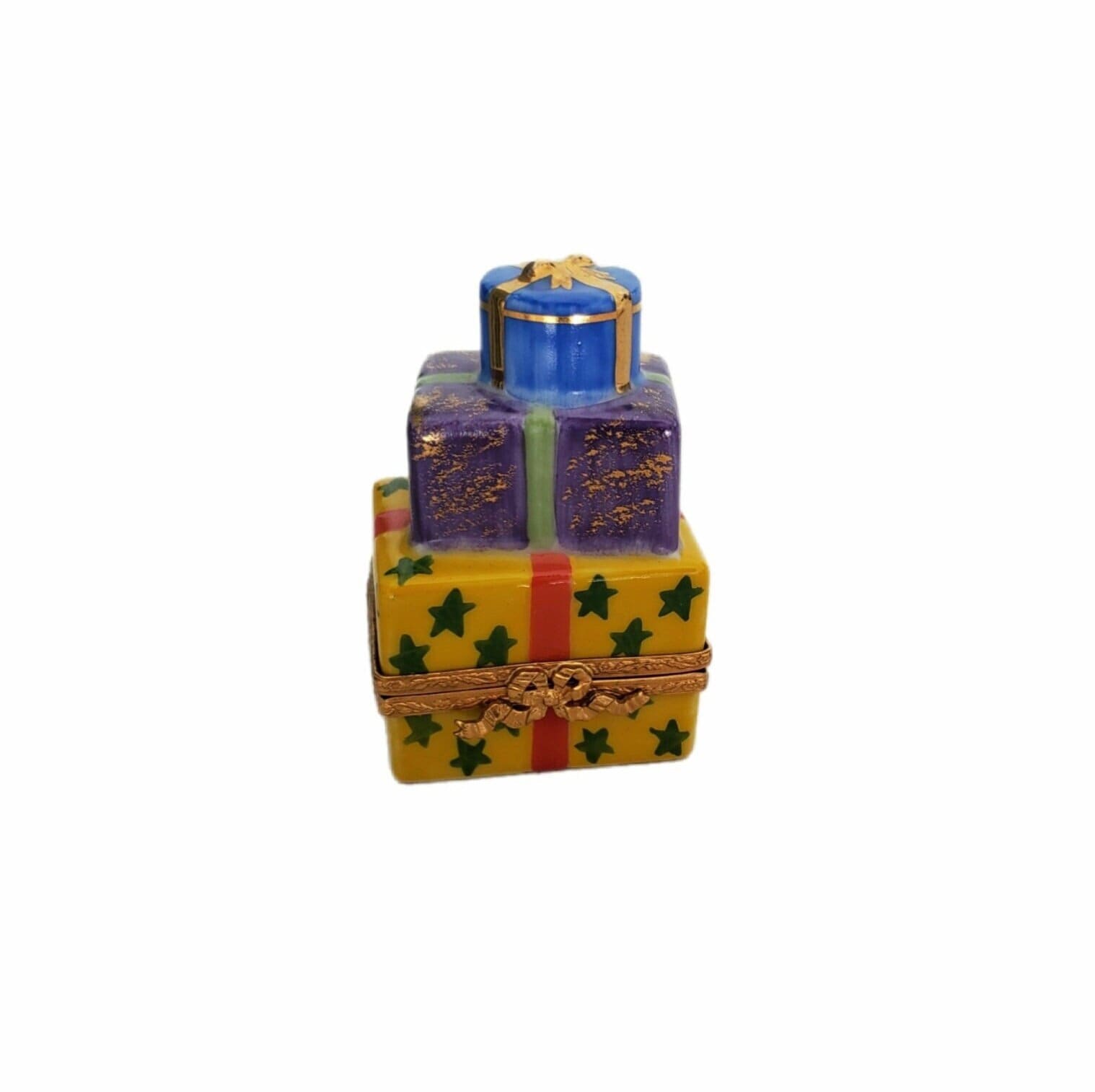 Vintage LIMOGES Hand Painted Holiday Christmas Yellow Multi  Vtg Limoges France Handpainted Santa w/Gift Stack Trinket box 3” Rochard Signed main image 1