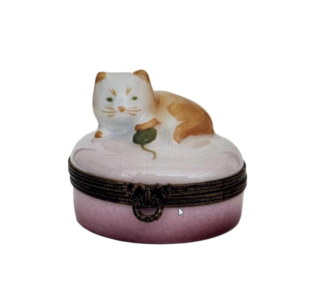 Vintage Orange KITTY CAT With Yarn Pink Trinket Box Castel LIMOGES