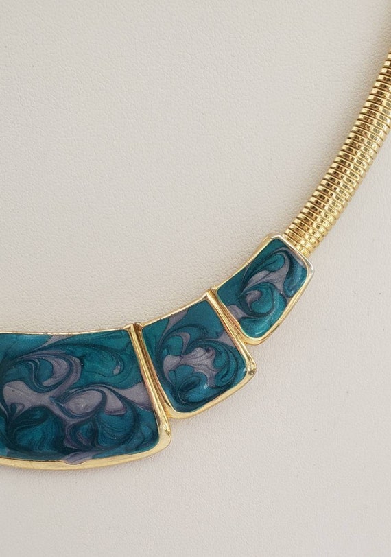 Vintage 1980's Teal and Blue Enamel Gold Tone Ome… - image 4