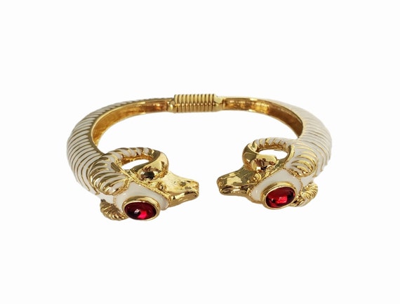 Vintage KJL Kenneth Jay Lane Double RAMS Head Gold Tone Red Cabochon Cuff Bracelet