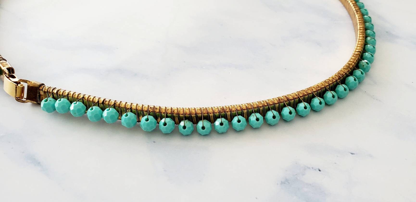 Vintage OMEGA Chain Faux turquoise Gold Tone Beaded Necklace or Belt Gold Tone Omega Chain Necklace, Faux Pearl & Turquoise  main image 2