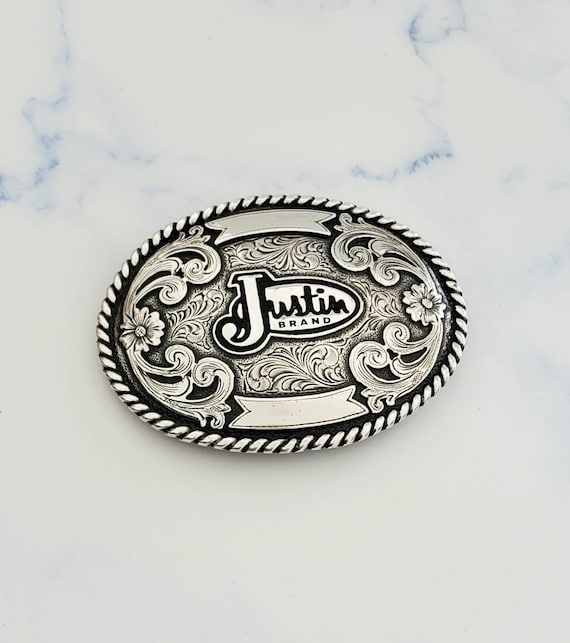Vintage JUSTIN Brand Silver Tone COWBOY Western Rodeo Floral 