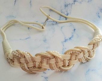 Vintage 1980's Women's Cream and Gold Tone with Faux Pearls WOVEN ROPE Belt