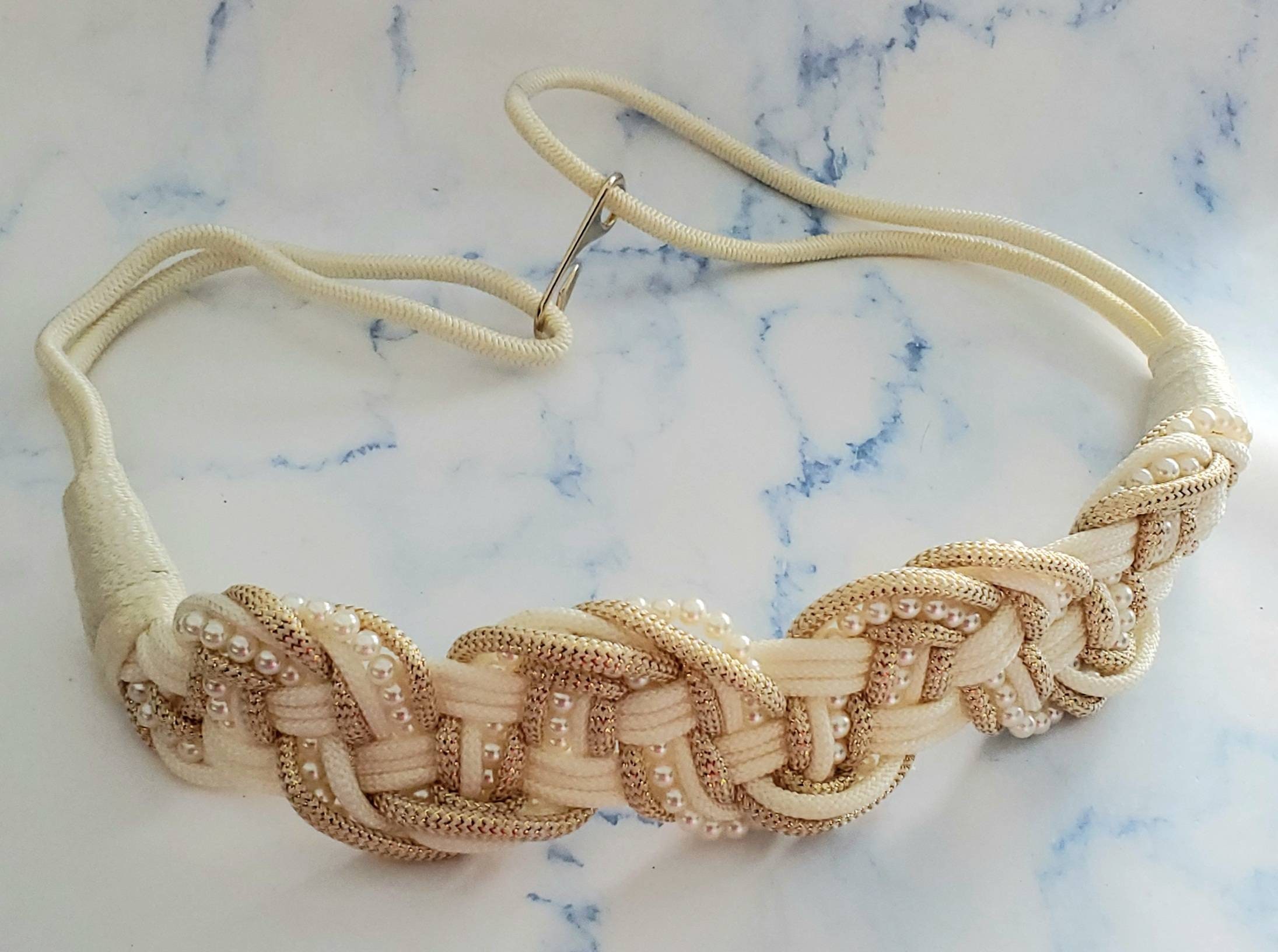 USED Vintage Cream/Off White Braided Woven Cord Belt with pearl & gold detailing Vintage Braided Cord Cinch Belt | White/cream/metallic Gold  main image 2