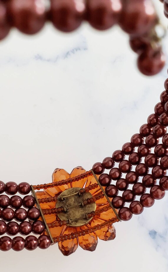 Vintage BOHO Dark Red Brown 5 Strand Beaded Flowe… - image 8