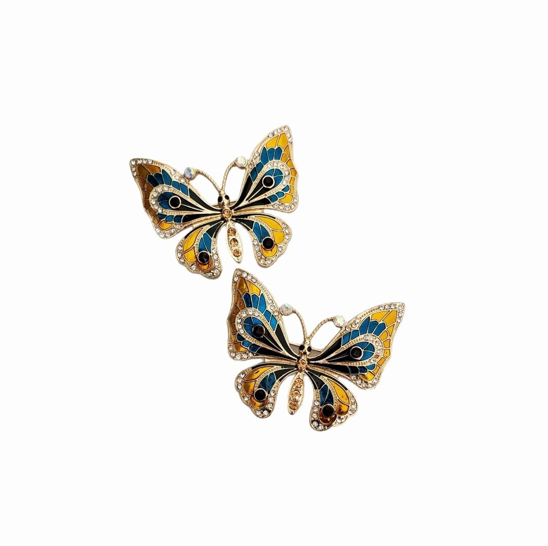 Vintage Pair of BUTTERFLY Brooches Blue Yellow Black Statement Brooches