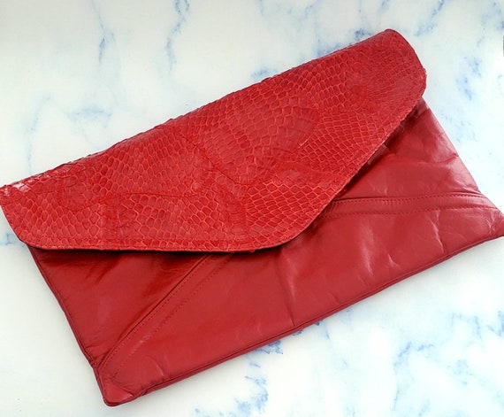 Vintage NINA SALVADORE Genuine RED Leather Envelope Clutch Handbag