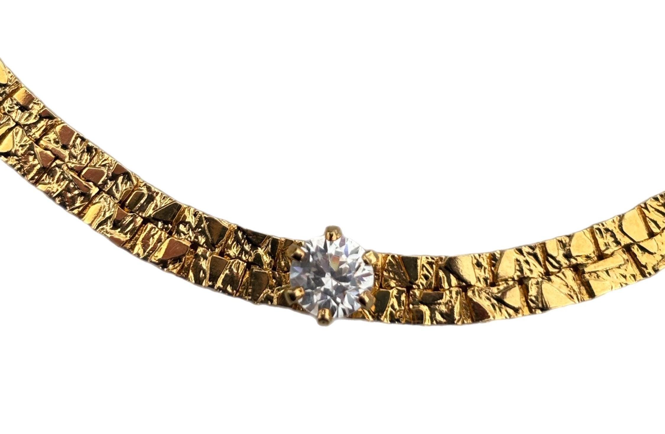 Vintage 80's Gold Tone Nugget Chain Bracelet With Clear Rhinestone - Etsy