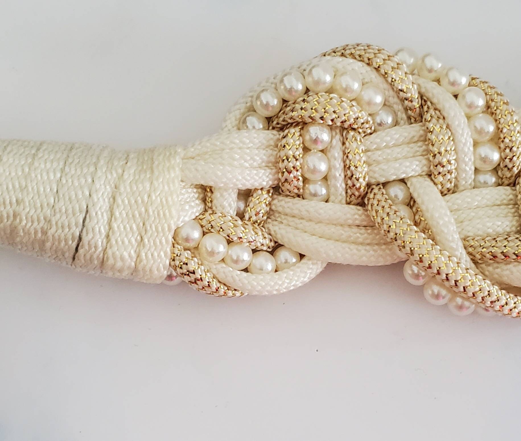 USED Vintage Cream/Off White Braided Woven Cord Belt with pearl & gold detailing Vintage Braided Cord Cinch Belt | White/cream/metallic Gold  main image 3