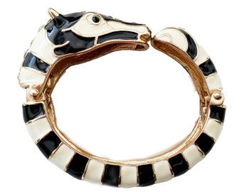 Vintage Zebra Figural Black and Cream with Gold Tone Bangle Bracelet *Statement*