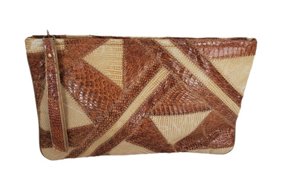 Vintage 1970's Brown Neutral Snakeskin Patchwork … - image 2