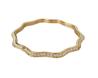 SWAROVSKI Wavy Gold Tone and Clear Crystal Pave Bangle Bracelet *Stunning*