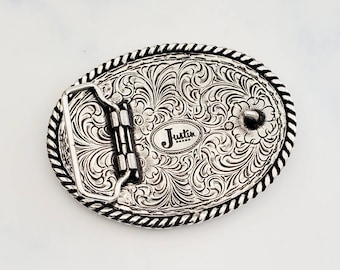 Vintage JUSTIN Brand Silver Tone COWBOY Western Rodeo Floral  display picture 3