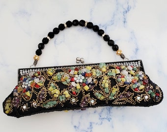 Vintage YILIN Black and Multi-colored Beaded Handbag With